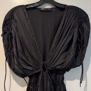 Zara Black Sheer V-Neck Ruched Sleeve Dress